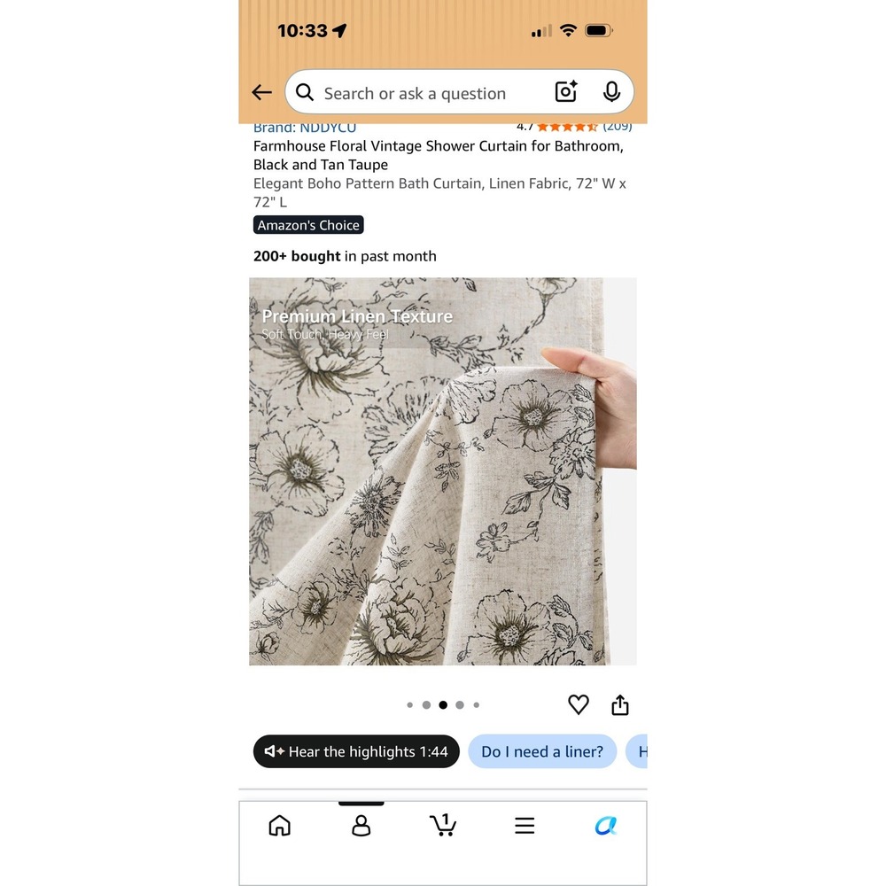Vintage-Inspired Floral Shower Curtain, Black Tan Taupe 72x72 for Farmhouse Feel